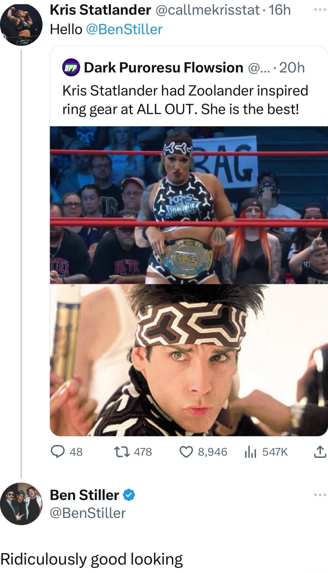 Kris Statlander callmekrisstat 16h Hello BenStiller Dark Puroresu Flowsion 20h Kris Statlander had Zoolander inspired ring gear at ALL OUT She is the best Qa8 Mars Q 8946 547K s Ben Stiller BenStiller Ridiculously good looking