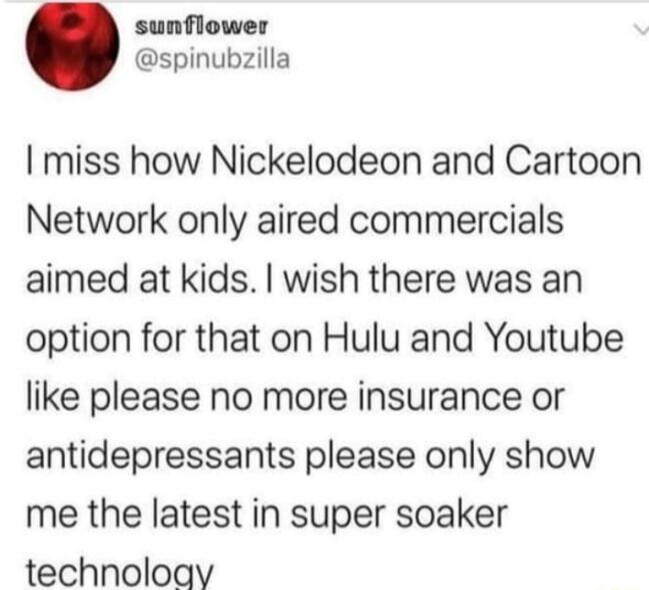 sunflower spinubzilla I miss how Nickelodeon and Cartoon Network only aired commercials aimed at kids wish there was an option for that on Hulu and Youtube like please no more insurance or antidepressants please only show me the latest in super soaker technoloay