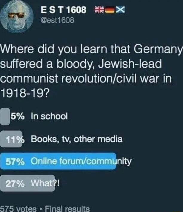 EST1608 asX est1608 Where did you learn that Germany SUi1To IFWoloTole VAN SV g BICE To communist revolutioncivil war in 1918 19 5 Inschool B8 Books tv other media 57 Online forumcommunity 2 What 575 votes Final results