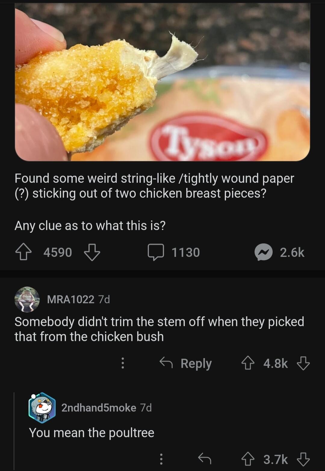 Found some weird string like tightly wound paper sticking out of two chicken breast pieces Any clue as to what this is 4 4590 b R EED X MRA1022 7d Smebody didnt trim the stem off when they picked that from the chicken bush Reply 48k 9 2ndhandsmoke 7d YYou mean the poultree 37k