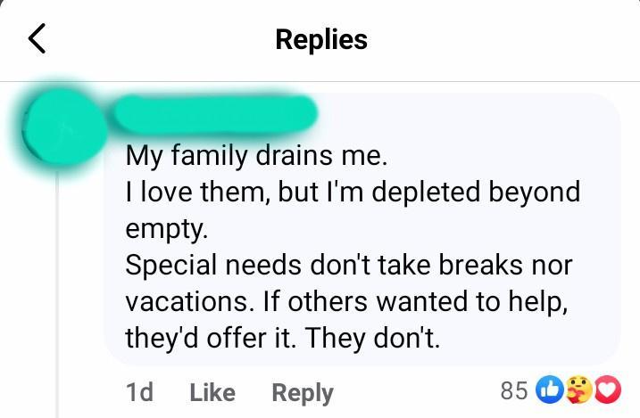 Replies My ami y rains me love them but Im depleted beyond empty Special needs dont take breaks nor vacations If others wanted to help theyd offer it They dont 1d Like Reply 85 Q20