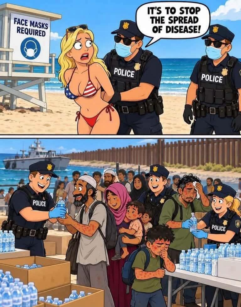 FACE MASKS REQUIRED. IT'S TO STOP THE SPREAD OF DISEASE! Police officers apprehend a woman in a bikini on a beach for not wearing a mask, while another panel shows police distributing water to a crowd of migrants/refugees.