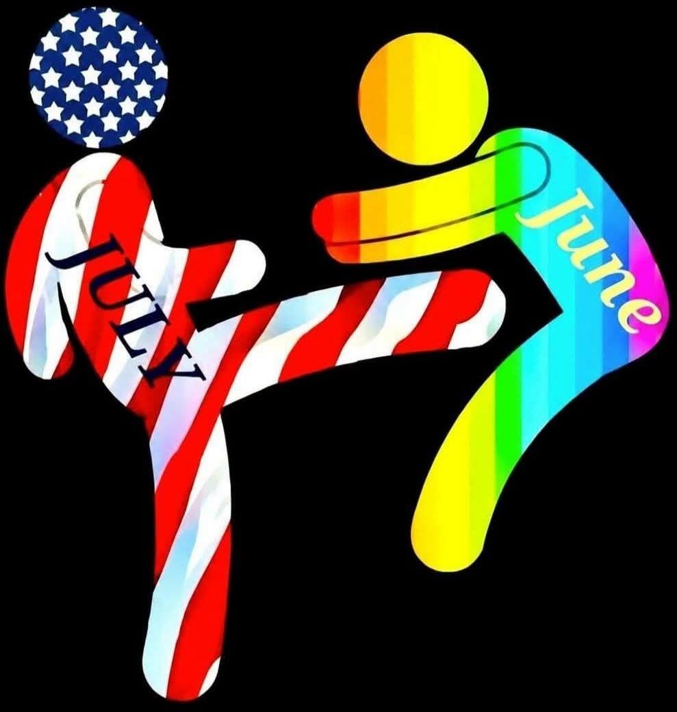 JULY, June. A stick figure representing July is kicking a stick figure representing June.
