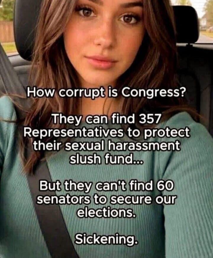 How corrupt is Congress? They can find 357 Representatives to protect their sexual harassment slush fund... But they can't find 60 senators to secure our elections. Sickening.