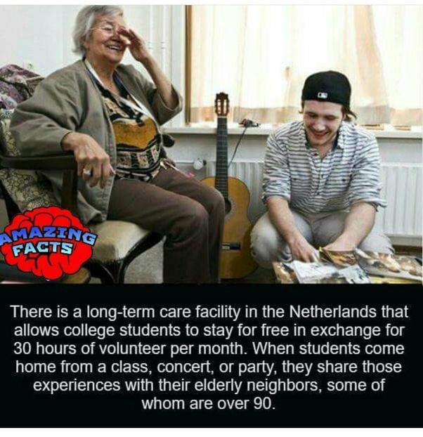 ALG RSN E C e R E R TVALRGEINEGE ER R G ELE allows college students to stay for free in exchange for 30 hours of volunteer per month When students come home from a class concert or party they share those experiences with their elderly neighbors some of whom are over 90