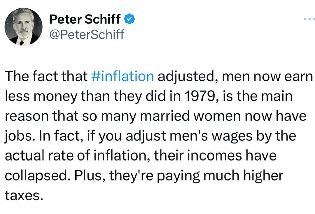 Peter Schiff 5 PeterSchiff The fact that inflation adjusted men now earn less money than they did in 1979 is the main reason that so many married women now have jobs In fact if you adjust mens wages by the actual rate of inflation their incomes have collapsed Plus theyre paying much higher taxes