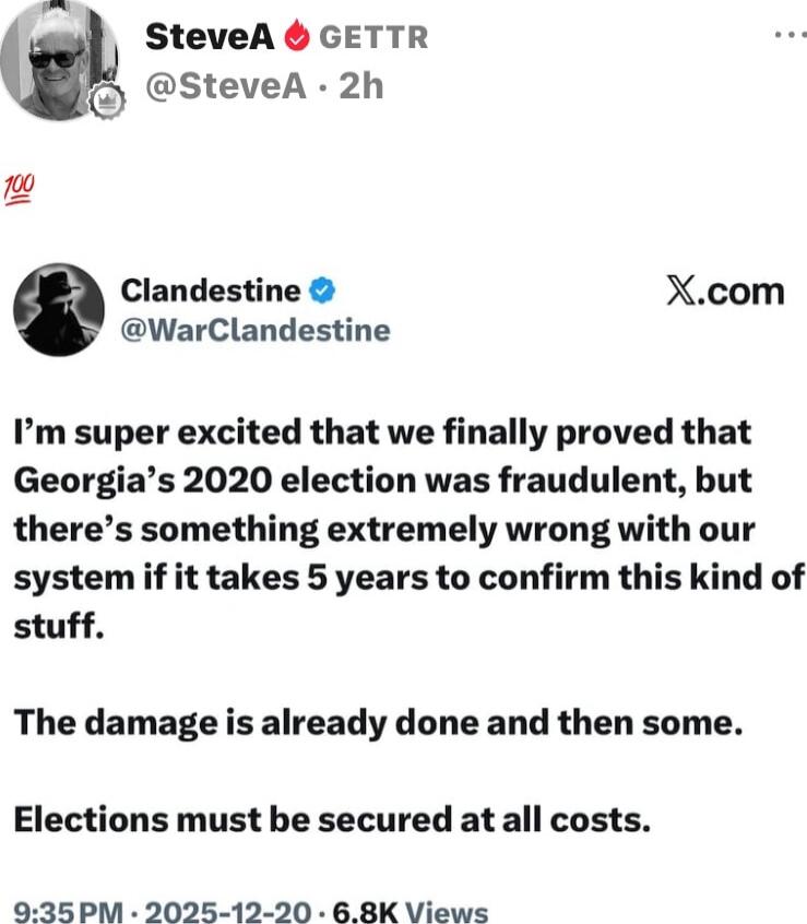 I’m super excited that we finally proved that Georgia’s 2020 election was fraudulent, but there’s something extremely wrong with our system if it takes 5 years to confirm this kind of stuff. The damage is already done and then some. Elections must be secured at all costs.