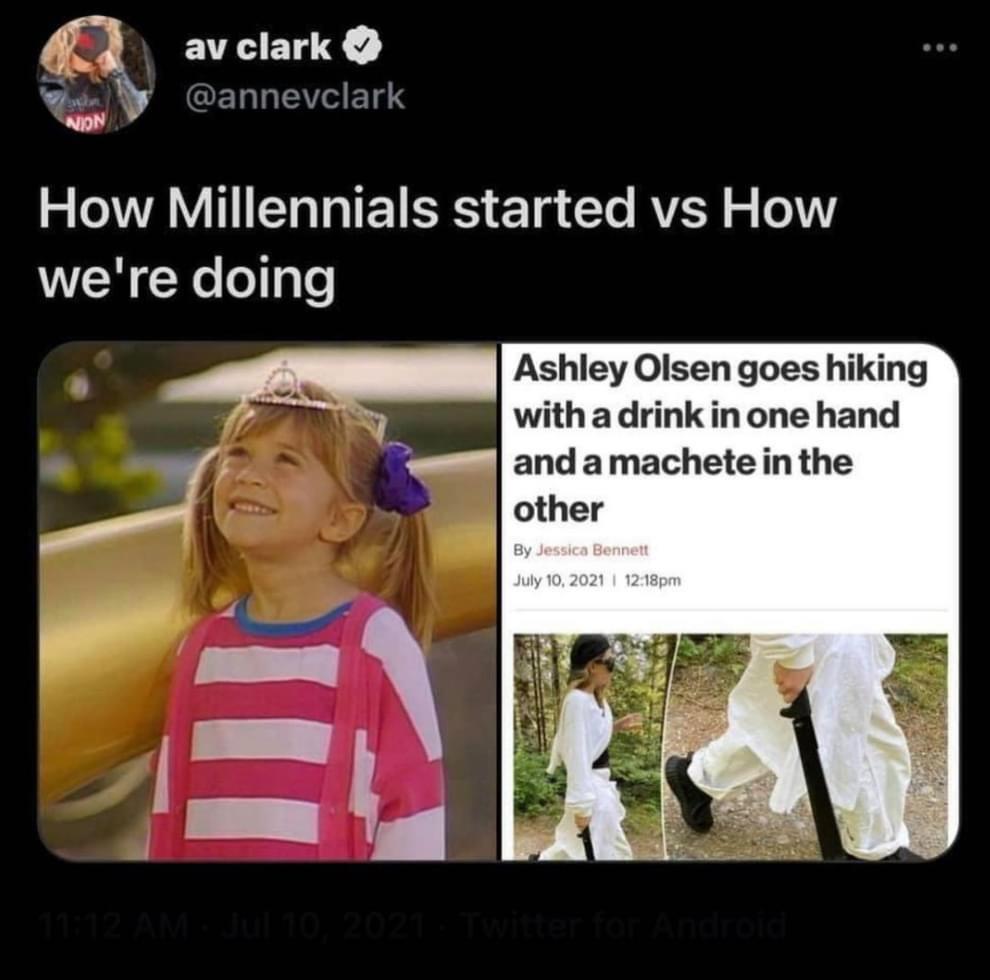 avclark CERNEHELS g VA N R E RS 1 Lo RV m 01 were doing Ashley Olsen goes hiking with adrink in one hand and amachetein the other