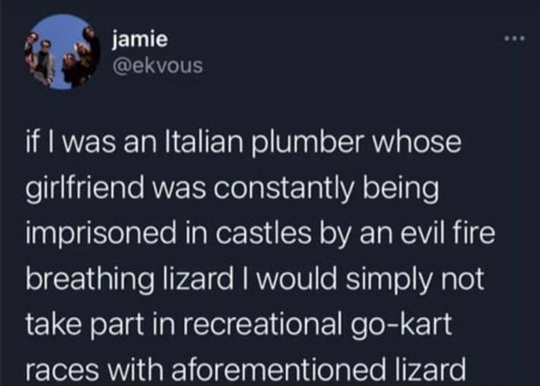 s SEELT y ekvous if was an Italian plumber whose fellgllclale AR olola S ETa i VA o 11 gl imprisoned in castles by an evil fire breathing lizard would simply not take part in recreational go kart races with aforementioned lizard