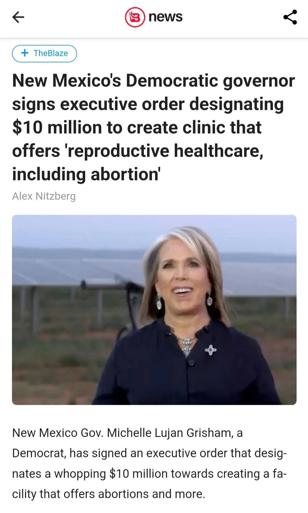 news New Mexicos Democratic governor signs executive order designating 10 million to create clinic that offers reproductive healthcare including abortion New Mexico Gov Michelle Lujan Grisham a Democrat has signed an executive order that desig nates a whopping 10 million towards creating a fa cility that offers abortions and more