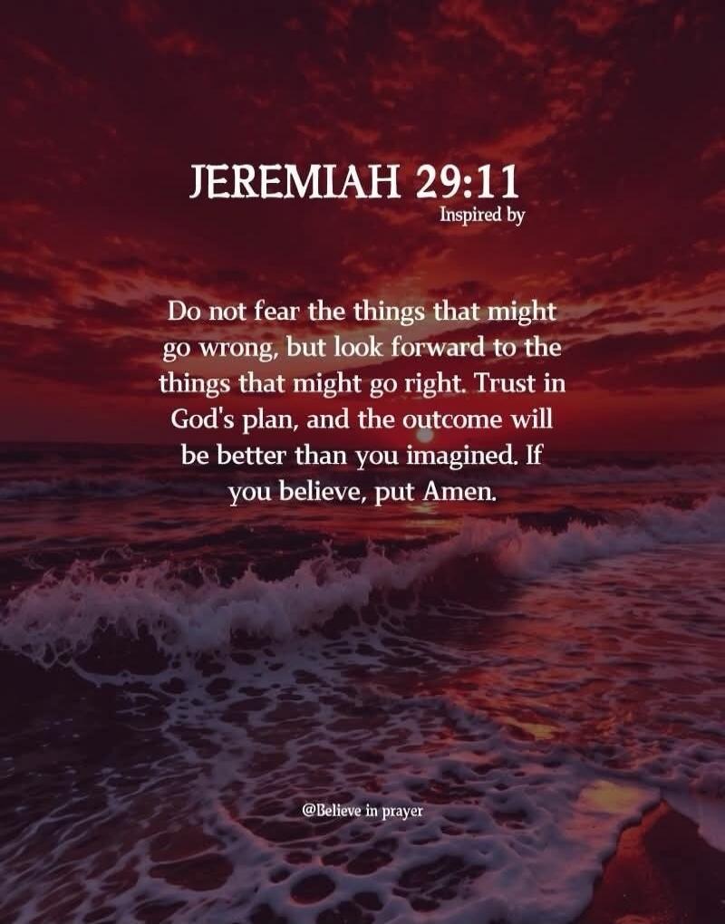 JEREMIAH 29:11 Inspired by Do not fear the things that might go wrong, but look forward to the things that might go right. Trust in God's plan, and the outcome will be better than you imagined. If you believe, put Amen. @Believe in prayer