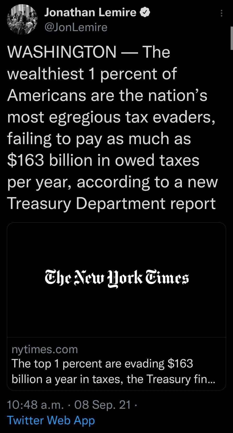 B 51 ILNEVGENE R 95 JonLemire WASHINGTON The WEEI IS W oJTdelTa foi Americans are the nations most egregious tax evaders failing to pay as much as 163 billion in owed taxes IRV TAE Telolol e V R e N I1 QEGCERSIYAD T o Tadnlclaiaig eelgs Ehe New York Times nytimescom The top 1 percent are evading 163 billion a year in taxes the Treasury fin LIORZ2S W MR O TS RST T o 24 IE RV CIRUE o WaYol o