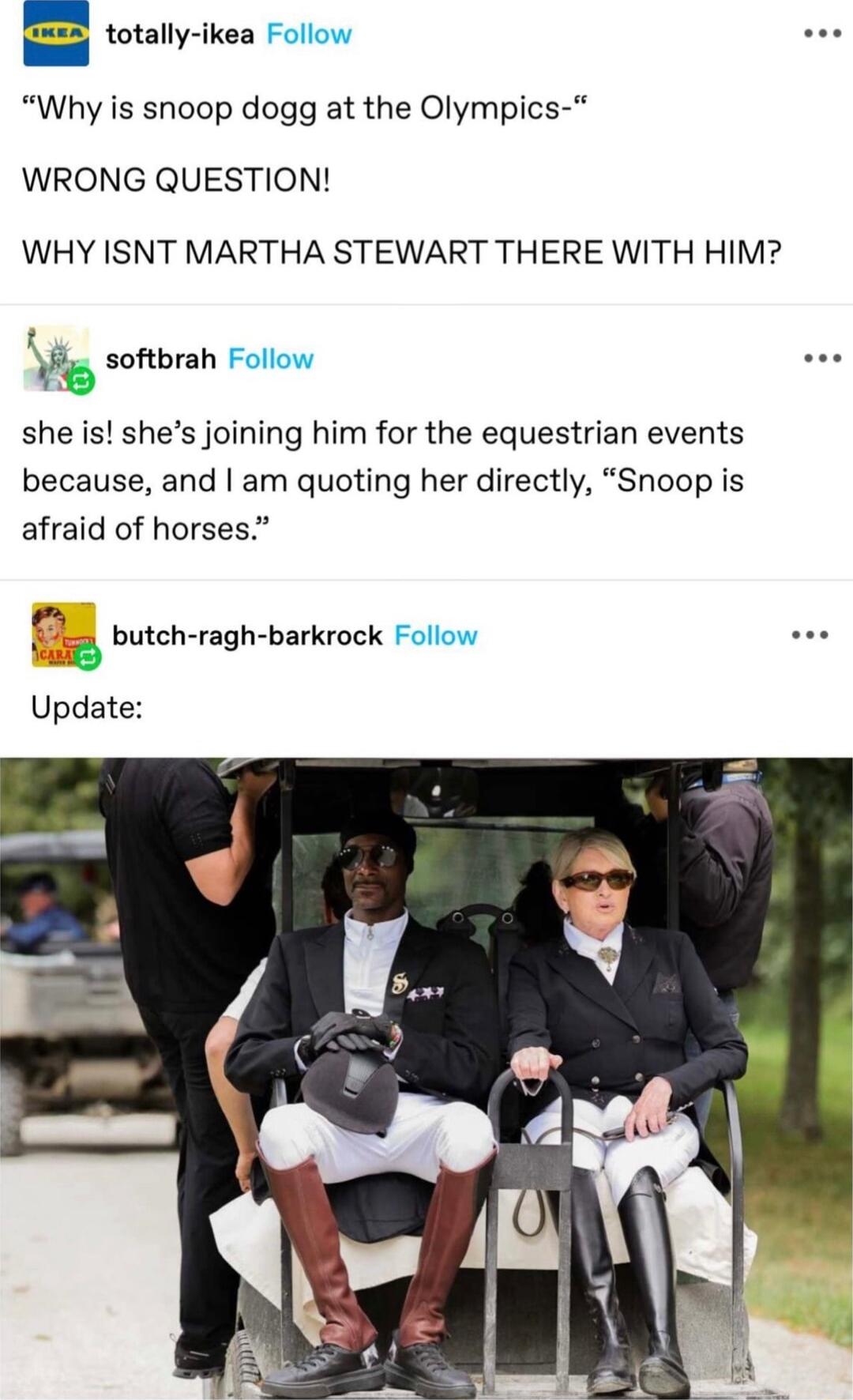 totally ikea Follow Why is snoop dogg at the Olympics WRONG QUESTION WHY ISNT MARTHA STEWART THERE WITH HIM L softbrah Follow she is shes joining him for the equestrian events because and am quoting her directly Snoop is afraid of horses 4 butch ragh barkrock Follow Update
