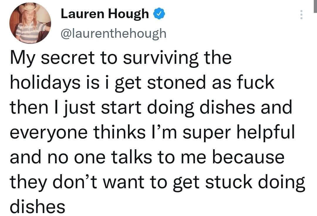 Lauren Hough laurenthehough My secret to surviving the holidays is i get stoned as fuck then just start doing dishes and everyone thinks Im super helpful and no one talks to me because they dont want to get stuck doing dishes 1240 PM 25 Dec 22 Twitter for iPhone 1869 Retweets 233 Quote Tweets 526K Likes