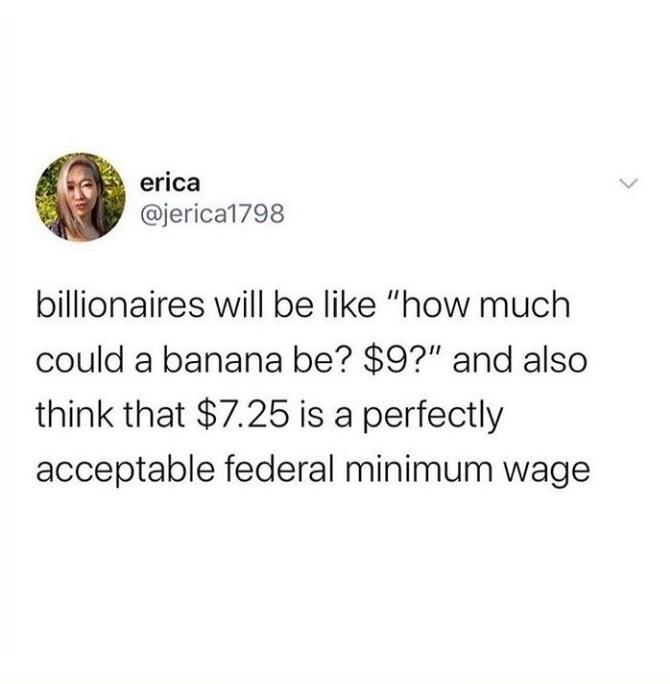 erica jerical798 billionaires will be like how much could a banana be 9 and also think that 725 is a perfectly acceptable federal minimum wage