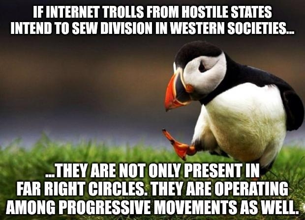 IF INTERNET TROLLS FROM HOSTILE STATES INTEND TO SEW DIVISION IN WESTERN SOCIETIES e R e THEY ARE NOT ONLY PRESENT IN FAR RIGHT CIRCLES THEY ARE OPERATING AMONG PROGRESSIVE MOVEMENTS AS WELL