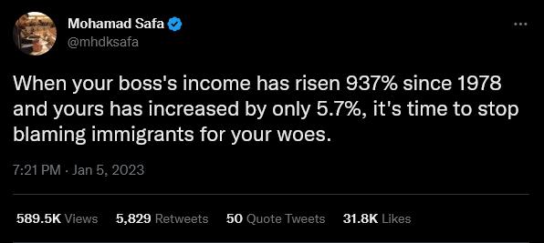 When your bosss income has risen 937 since 1978 and yours has increased by only 57 its time to stop blaming immigrants for your woes 5B95KViows 5820 Rotects 50 Quote Tueets I1BK Ui