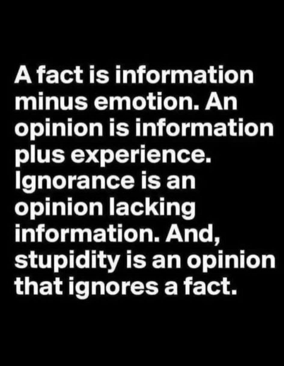 A fact is information minus emotion. An opinion is information plus experience. Ignorance is an opinion lacking information. And, stupidity is an opinion that ignores a fact.