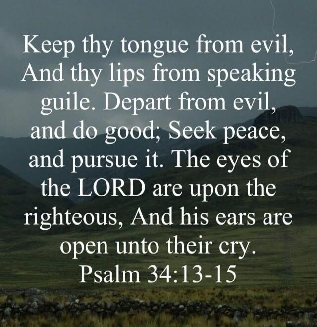 Keep thy tongue from evil, And thy lips from speaking guile. Depart from evil, and do good; Seek peace, and pursue it. The eyes of the LORD are upon the righteous, And his ears are open unto their cry. Psalm 34:13-15