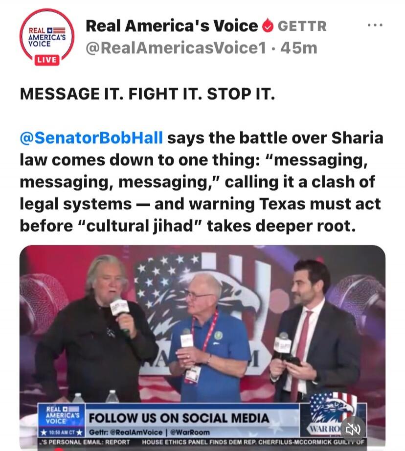 Real America's Voice LIVE. MESSAGE IT. FIGHT IT. STOP IT. Senator Bob Hall says the battle over Sharia law comes down to one thing: 