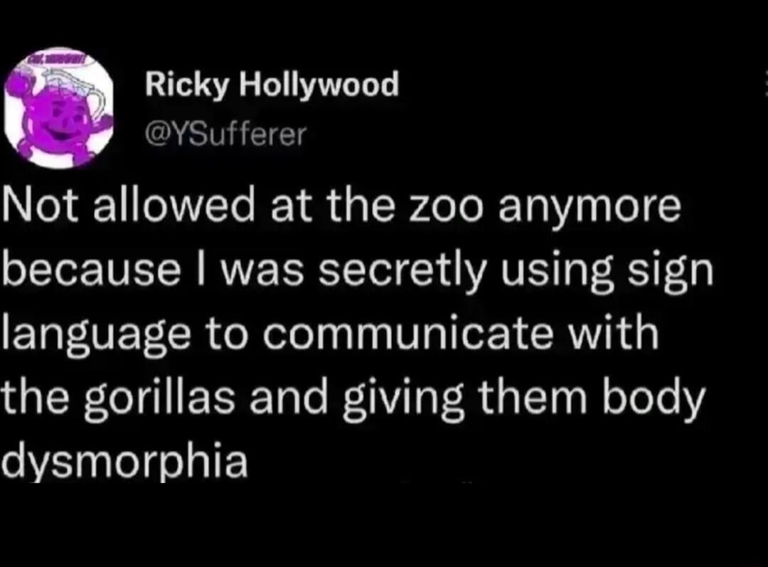 Ricky Hollywood YSufferer Not allowed at the zoo anymore because was secretly using sign language to communicate with the gorillas and giving them body dysmorphia