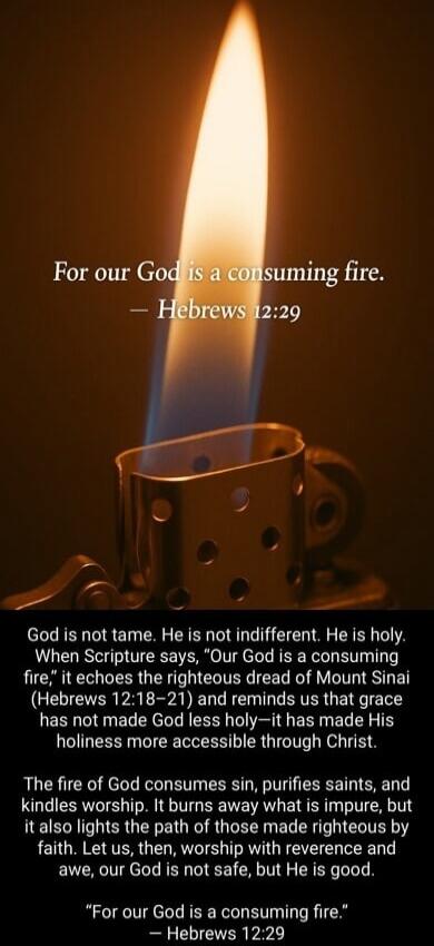 For our God is a consuming fire. — Hebrews 12:29

God is not tame. He is not indifferent. He is holy. When Scripture says, “Our God is a consuming fire,” it echoes the righteous dread of Mount Sinai (Hebrews 12:18–21) and reminds us that grace has not made God less holy—it has made His holiness more accessible through Christ.

The fire of God consu