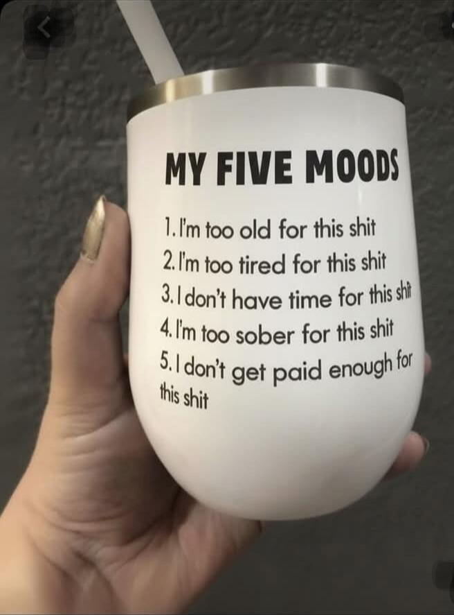 MY FIVE MOODS
1. I'm too old for this shit
2. I'm too tired for this shit
3. I don't have time for this shit
4. I'm too sober for this shit
5. I don't get paid enough for this shit