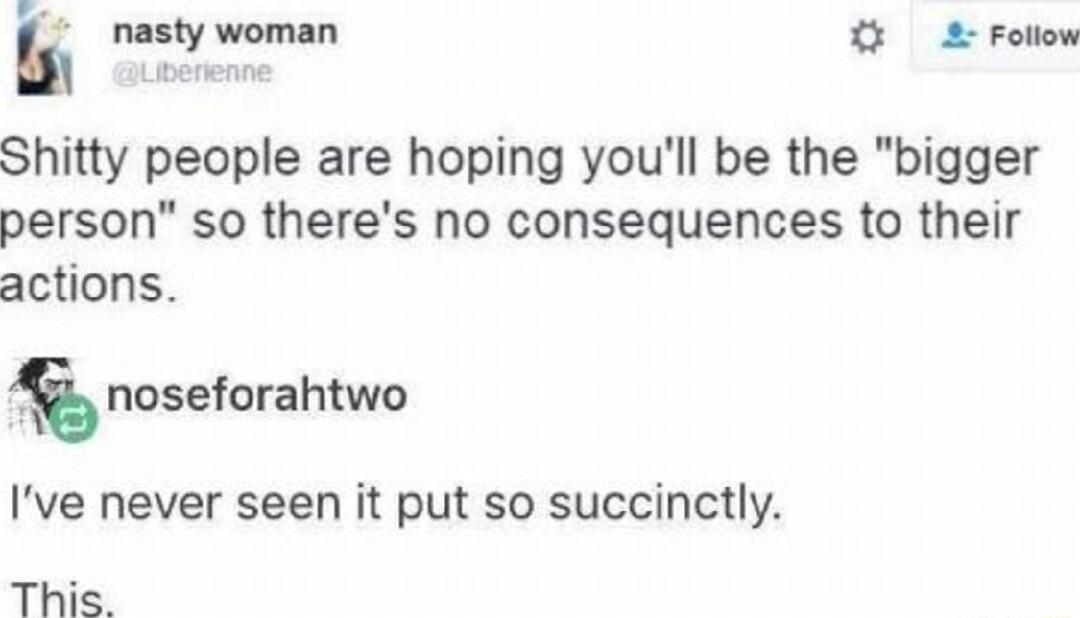 E nasty woman 2 Foliow Shitty people are hoping youll be the bigger person so theres no consequences to their actions noseforahtwo Ive never seen it put so succinctly This