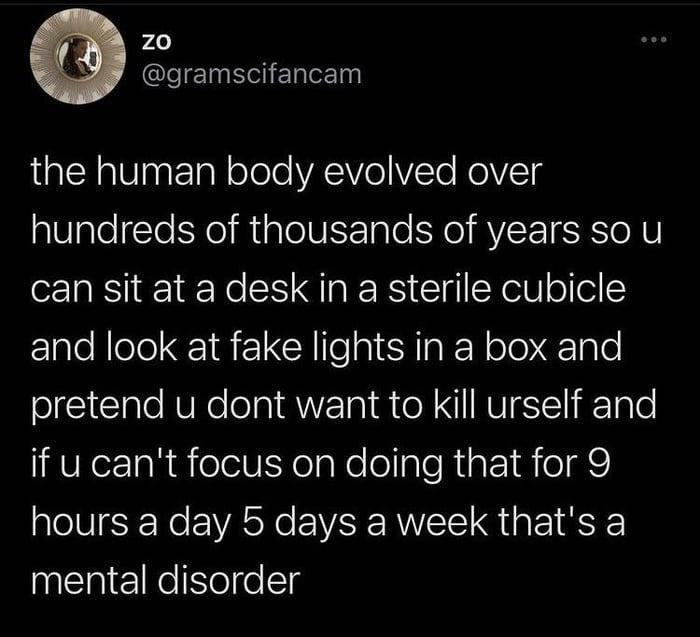 z0 leETneiEleIn alRalVingFTall ololeYASIVeVTe RoVoTs hundreds of thousands of years so u can sit at a desk in a sterile cubicle and look at fake lights in a box and pretend u dont want to kill urself and HVKezTah R olel0XelaNo olaleRiat Rie hours a day 5 days a week thats a mental disorder