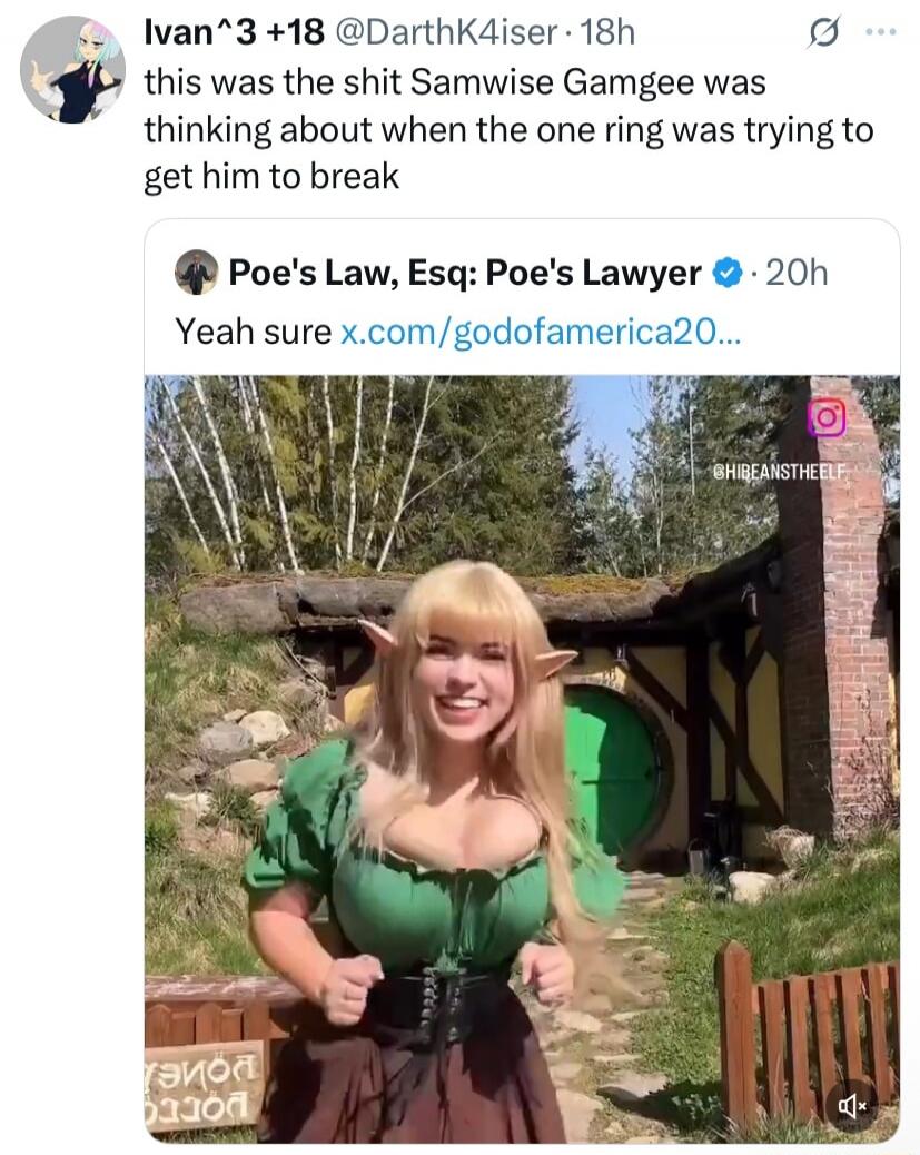 this was the shit Samwise Gamgee was thinking about when the one ring was trying to get him to break
Poe's Law, Esq: Poe's Lawyer
Yeah sure x.com/godofamerica20...