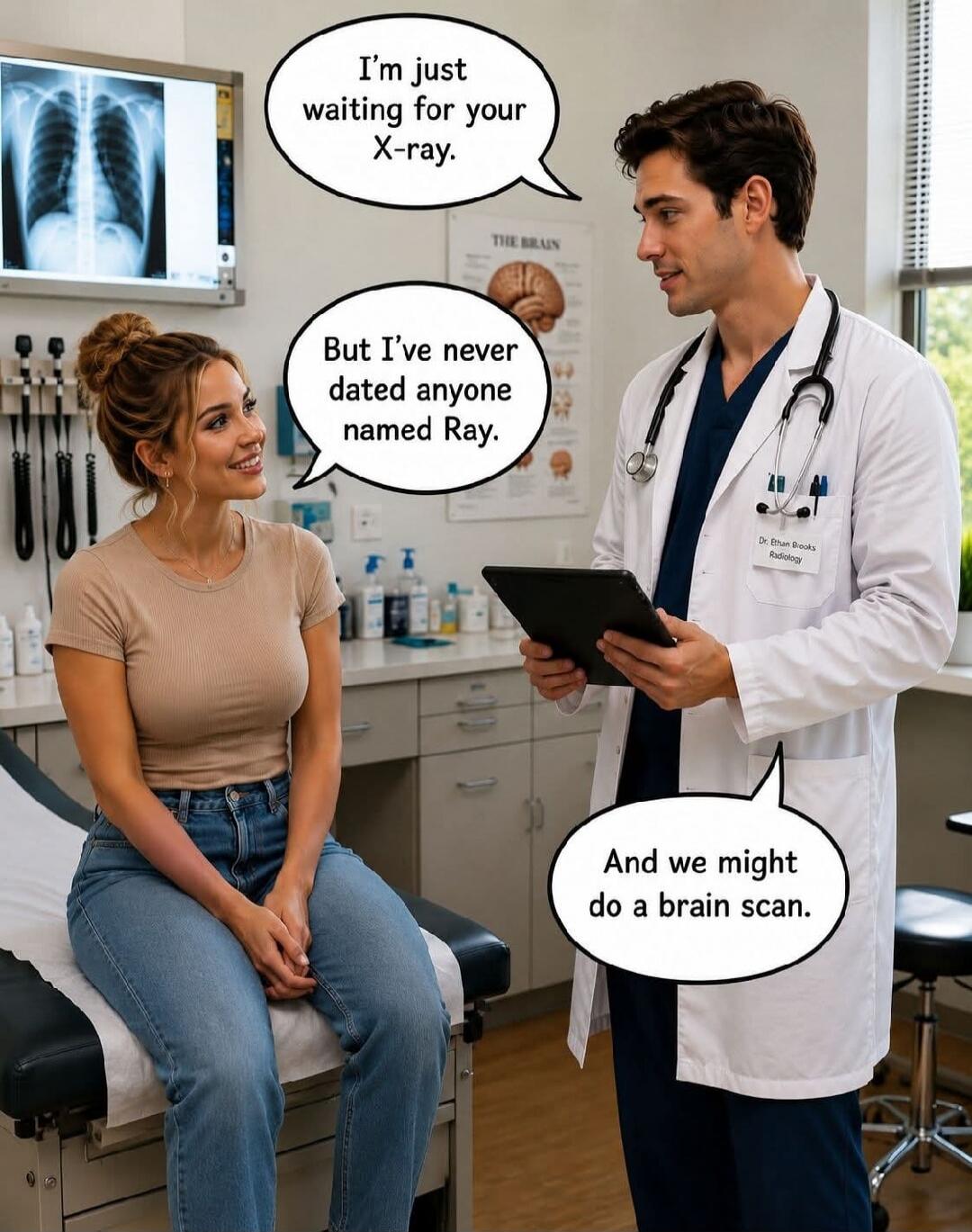 I'm just waiting for your X-ray. But I've never dated anyone named Ray. And we might do a brain scan.