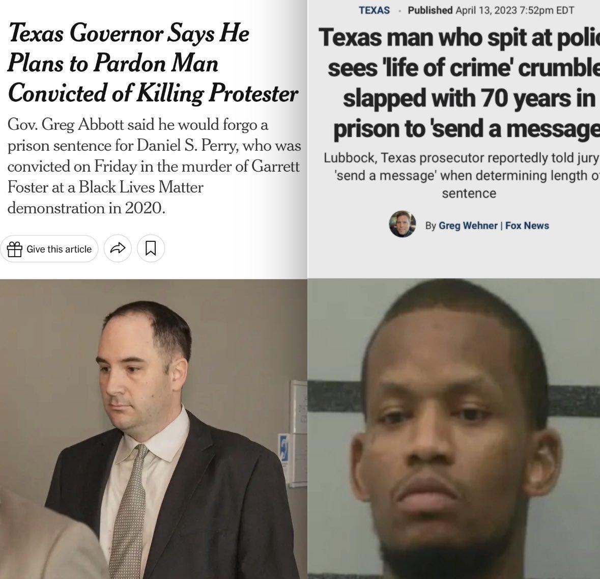 TEXAS Published Apri 13 Texas Governor Says He Texas man who spit at poll Plans to Pardon Man sees life of crime ci Conmcte l of Killing Protester slapped with 70 years in uld forgoa rywhow convicted on Friday i the murder of Garrett Fosterata Matter demanstration in 2 bk Teas prosecuor aportedy o en determining ength o