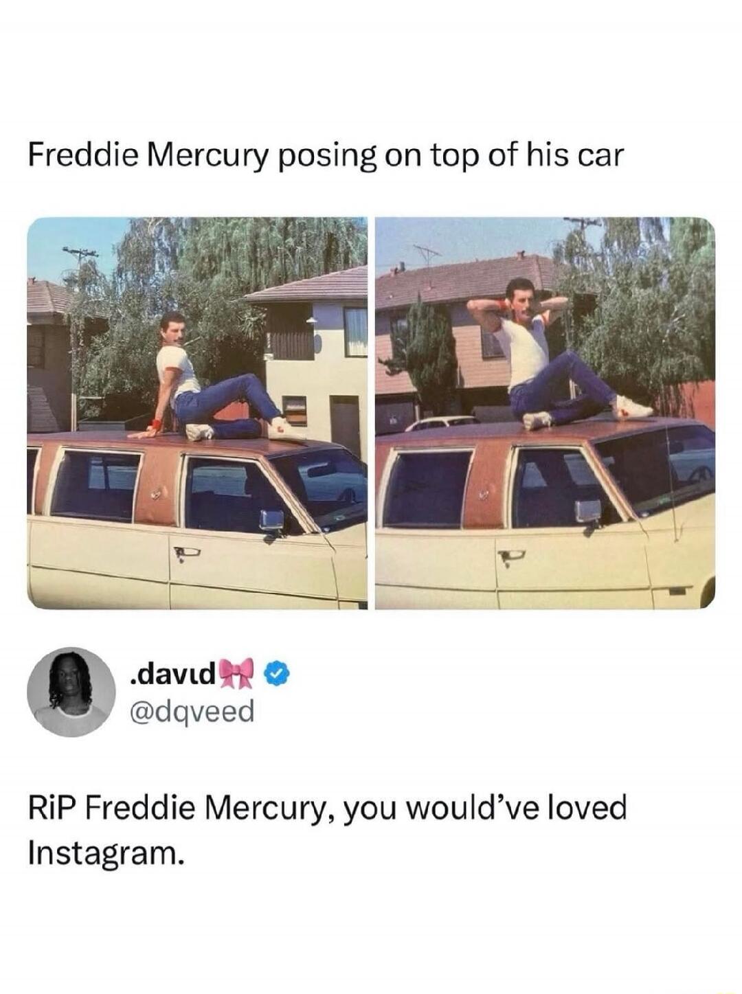 Freddie Mercury posing on top of his car. RIP Freddie Mercury, you would've loved Instagram.