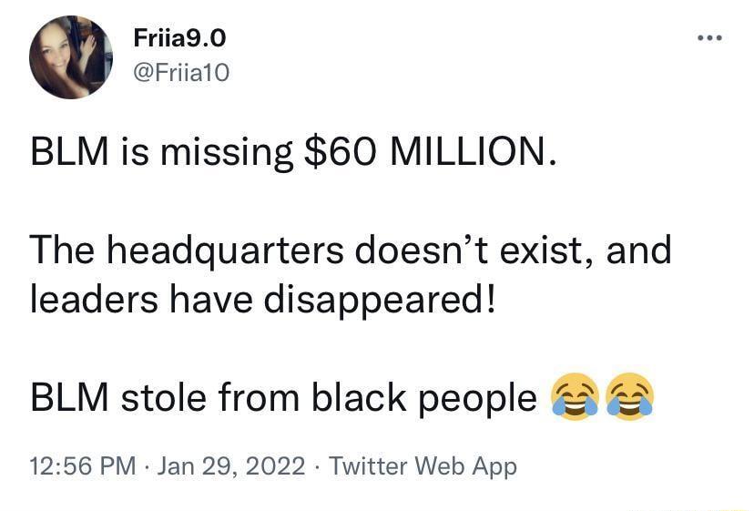 Friia90 Friia10 BLM is missing 60 MILLION The headquarters doesnt exist and leaders have disappeared BLM stole from black people 2 2 1256 PM Jan 29 2022 Twitter Web App