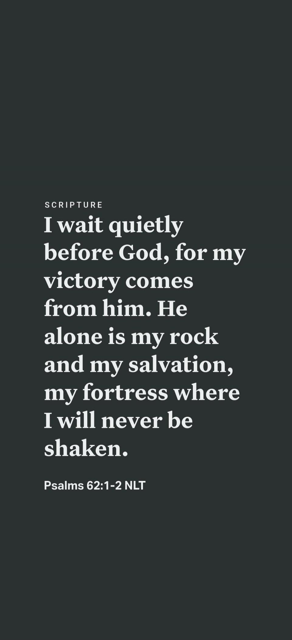 SCRIPTURE I wait quietly before God, for my victory comes from him. He alone is my rock and my salvation, my fortress where I will never be shaken. Psalms 62:1-2 NLT