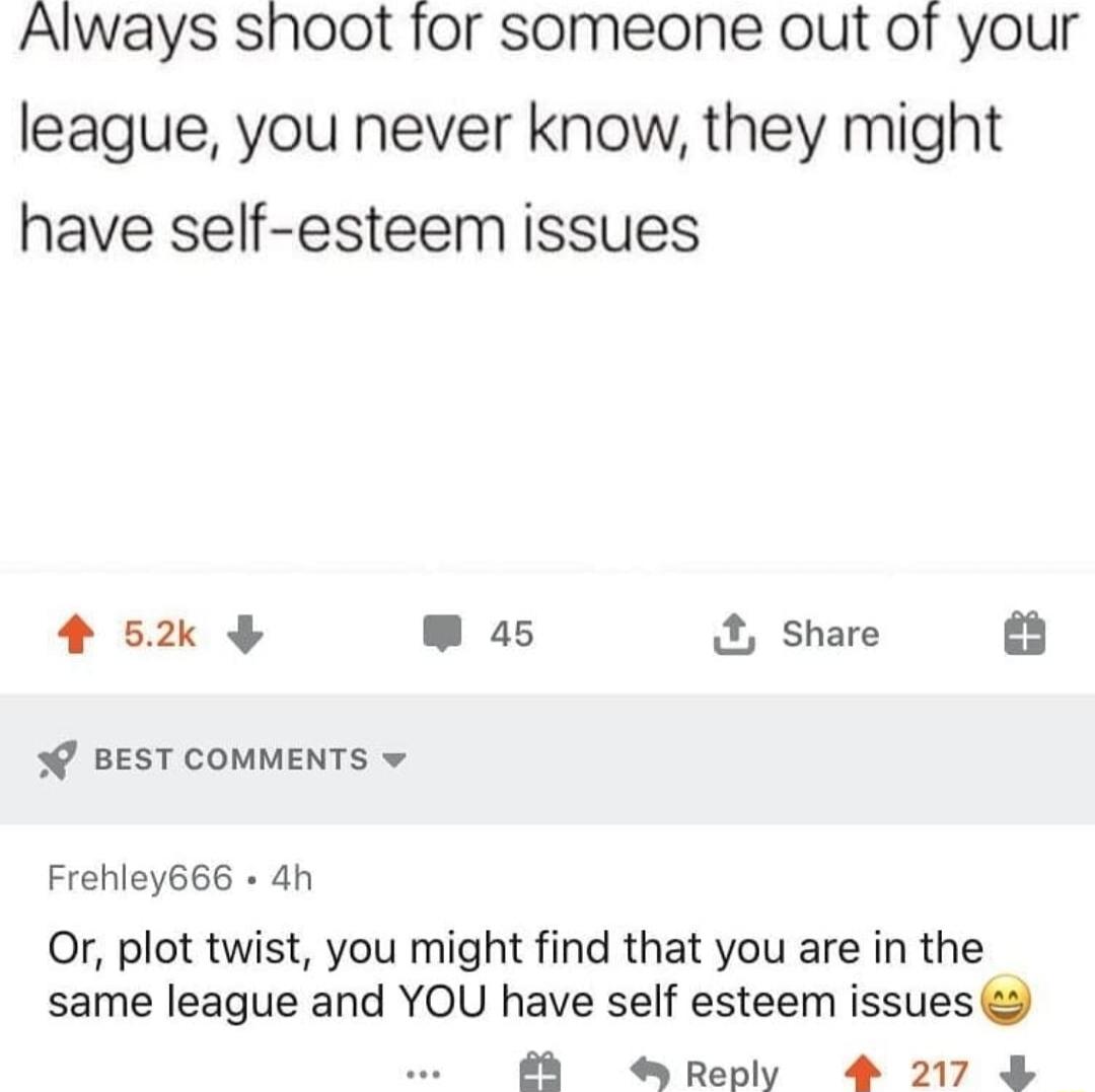 Always shoot for someone out of your league you never know they might have self esteem issues 4 52 W a5 Share BEST COMMENTS v Frehley666 4h Or plot twist you might find that you are in the same league and YOU have self esteem issues Reply 4 217
