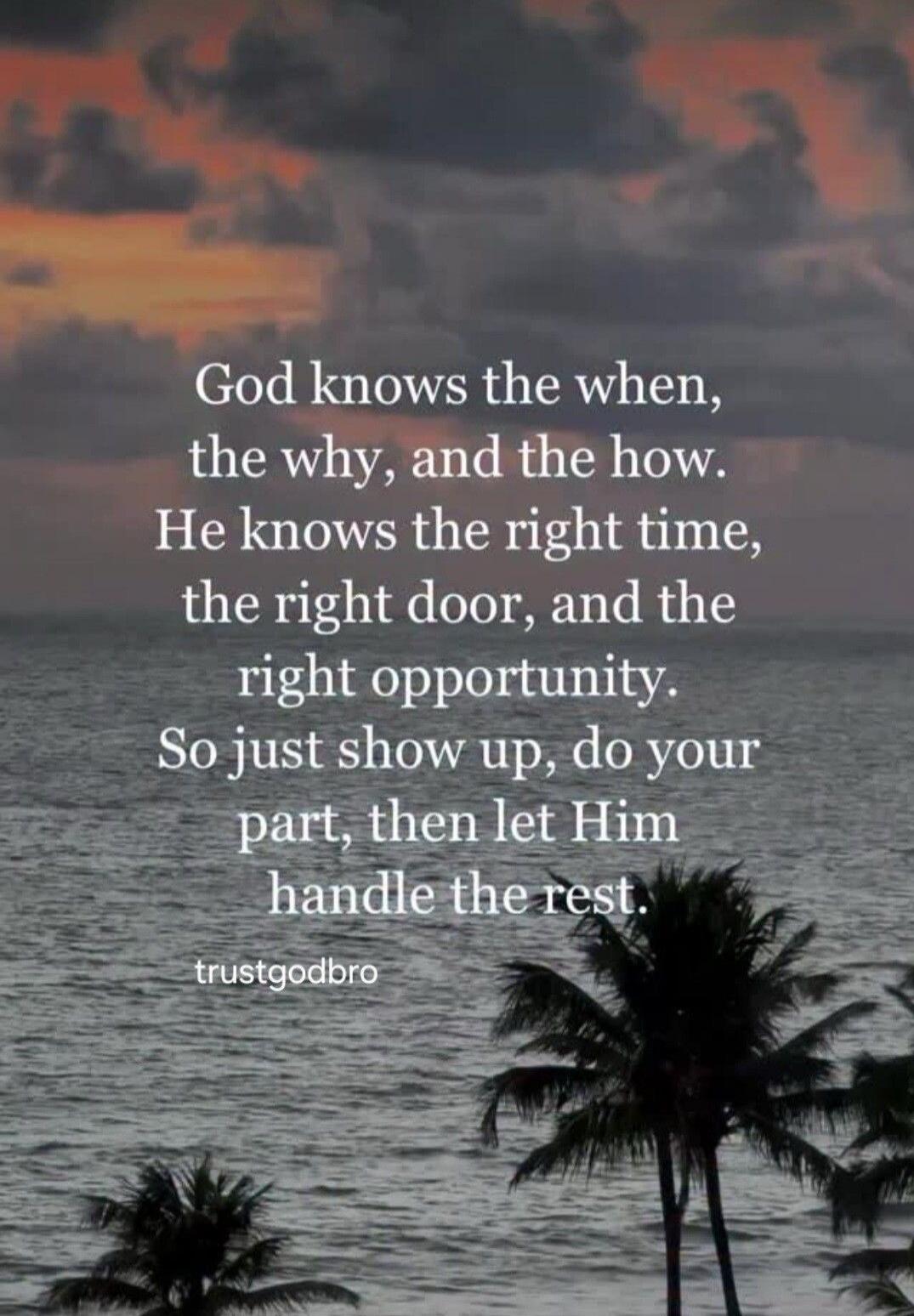 God knows the when, the why, and the how. He knows the right time, the right door, and the right opportunity. So just show up, do your part, then let Him handle the rest.