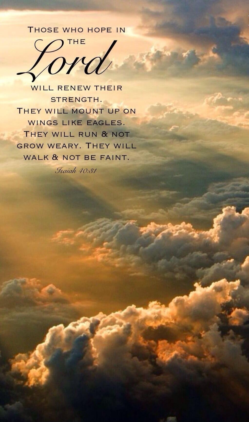 THOSE WHO HOPE IN THE Lord WILL RENEW THEIR STRENGTH. THEY WILL MOUNT UP ON WINGS LIKE EAGLES. THEY WILL RUN & NOT GROW WEARY. THEY WILL WALK & NOT BE FAINT. Isaiah 40:31