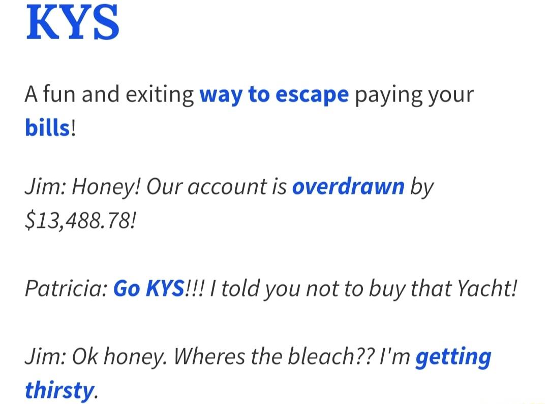 KYS A fun and exiting way to escape paying your bills Jim Honey Our account is overdrawn by 1348878 Patricia Go KYS told you not to buy that Yacht Jim Ok honey Wheres the bleach Im getting thirsty