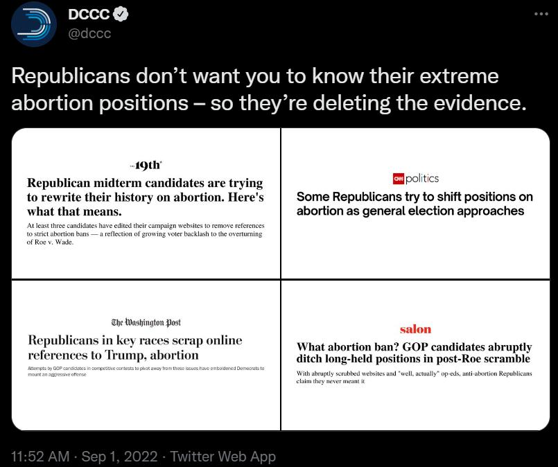 Republicans dont want you to know their extreme abortion positions so they re deleting the evidence Some Repubiicans try o it positions on abortion 2s general slecton approaches Republicans in key races serap nline references o Trump abortion