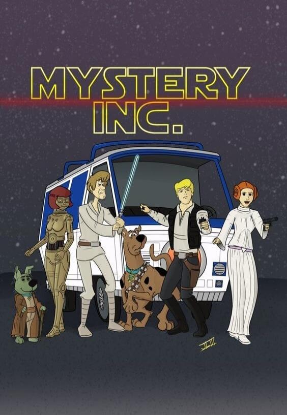 MYSTERY INC. This image depicts a humorous crossover between the Scooby-Doo gang and Star Wars characters. The Scooby-Doo characters are dressed as iconic Star Wars figures: Shaggy as Luke Skywalker, Fred as Han Solo, Daphne as Princess Leia, Velma as C-3PO, Scooby-Doo as Chewbacca, and Scrappy-Doo as Yoda. They are standing in front of a stylized 