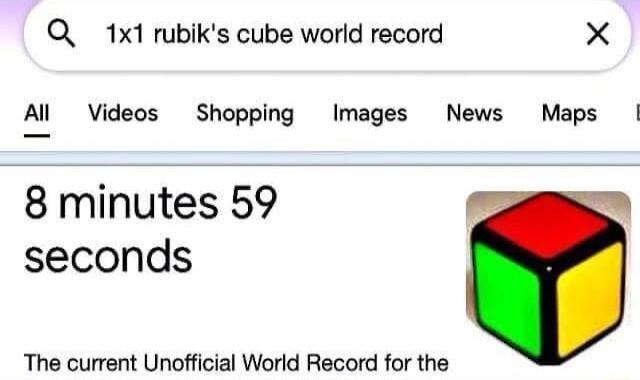 Q_ 1x1 rubiks cube world record X Al Videos Shopping Images News Maps 8 minutes 59 o seconds The current Unofficial World Record for the