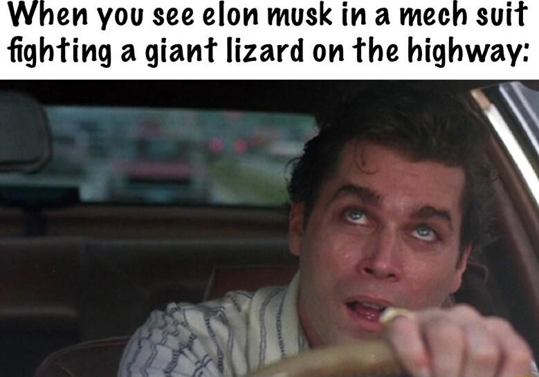 en you see elon musk in a meceh svit fighting a giant lizard on the highway