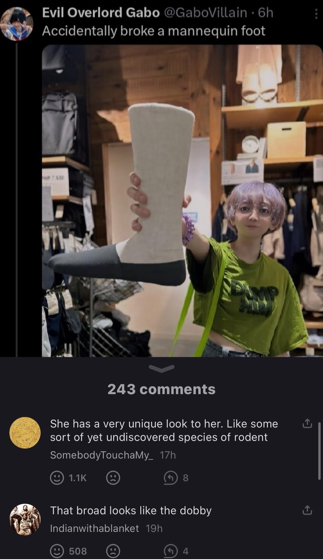 Evil Overlord Gabo GaboVillain 6h Accidentally broke a mannequin foot 243 comments She has a very unique ook to her Like some sort of yet undiscovered species of rodent SomebodyTouchaMy_ 17h RETI OF That broad looks like the dobby Indianwithablanket 19h Oz D