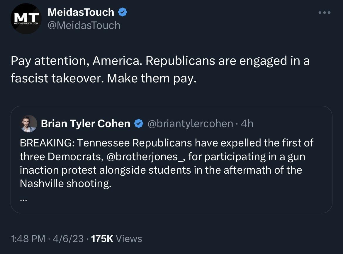 MeidasTouch MT G yeidastouch Pay attention America Republicans are engaged in a fascist takeover Make them pay Brian Tyler Cohen briantylercohen 4h BREAKING Tennessee Republicans have expelled the first of three Democrats brotherjones_ for participating in a gun inaction protest alongside students in the aftermath of the Nashville shooting 148 PM 4623 175K Views