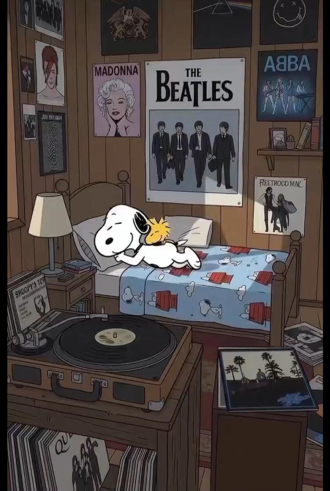 Snoopy and Woodstock are sleeping peacefully in a cozy room filled with music posters and vinyl records. Posters visible include Madonna, The Beatles, ABBA, Fleetwood Mac, Queen, Nirvana, David Bowie, and Pink Floyd. A record player with 'Snoopy's Top Hits' is on a table next to the bed.