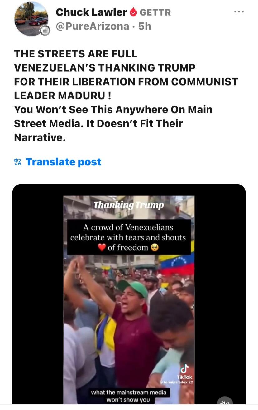 THE STREETS ARE FULL VENEZUELAN'S THANKING TRUMP FOR THEIR LIBERATION FROM COMMUNIST LEADER MADURU! You Won't See This Anywhere On Main Street Media. It Doesn't Fit Their Narrative. Thanking Trump. A crowd of Venezuelans celebrate with tears and shouts of freedom. What the mainstream media won't show you.