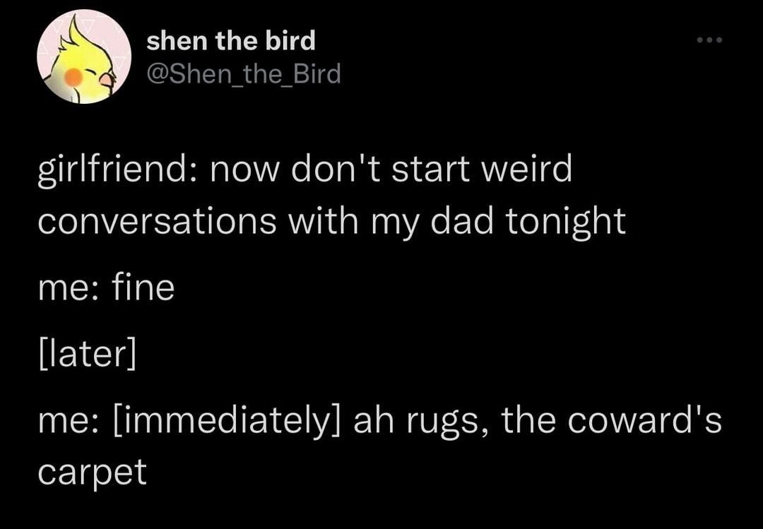 Shen_the_Bird girlfriend now dont start weird conversations with my dad tonight UCRILE later me immediately ah rugs the cowards carpet 1107 PM 2022 06 14 Twitter for Android p A1 REEEICR E 2N TCICR MR 0 RIEH