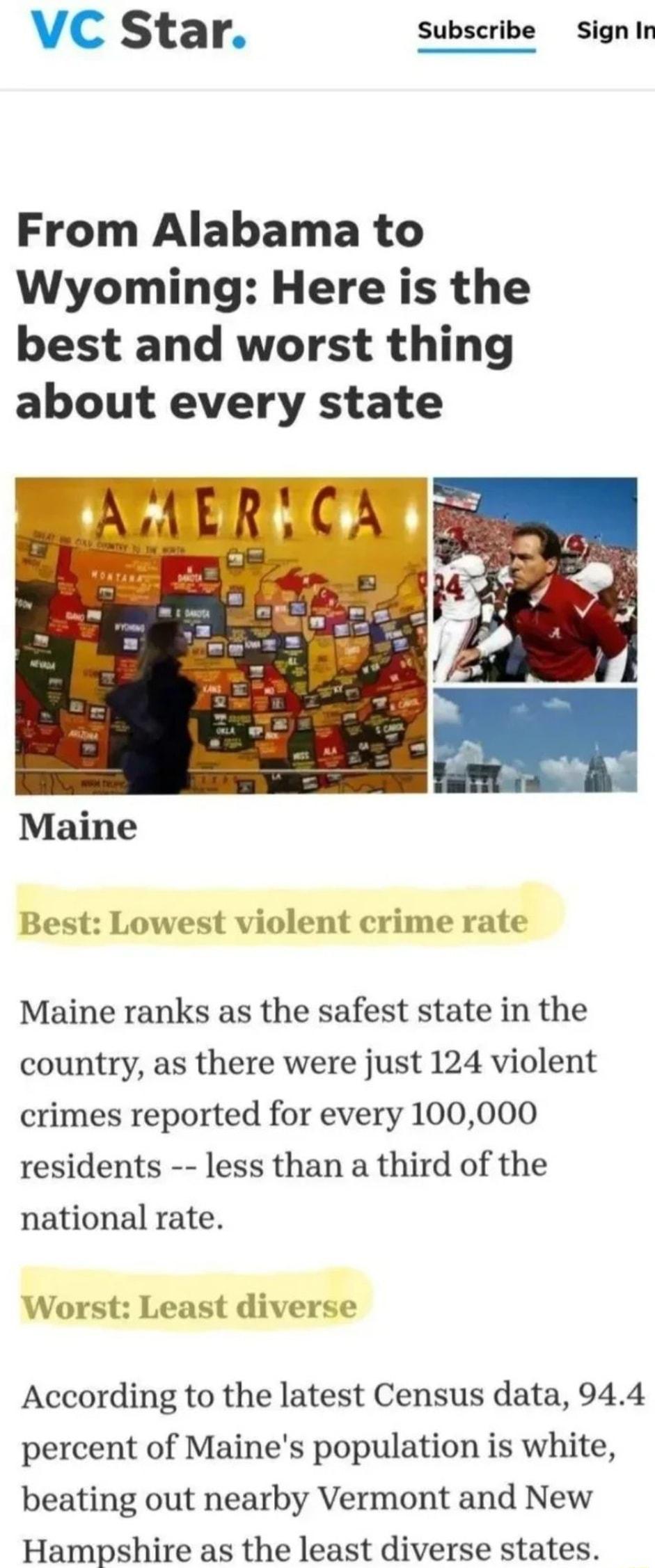 vc sta r Subscribe Sign In From Alabama to Wyoming Here is the best and worst thing about every state Maine Best Lowest violent crime rate Maine ranks as the safest state in the country as there were just 124 violent crimes reported for every 100000 residents less than a third of the national rate Worst Least diverse According to the latest Census data 944 percent of Maines population is white bea