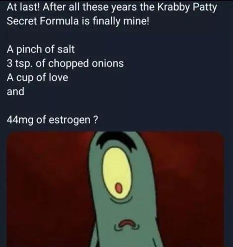 At last After all these years the Krabby Patty R R ERER AT T A pinch of salt 3 tsp of chopped onions A cup of love LG 44mg of estrogen